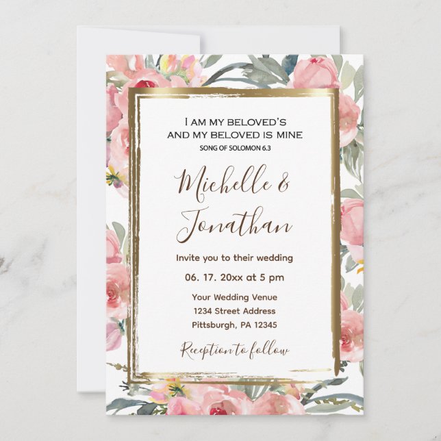 Pink Blush Floral Gold Frame Christian Wedding  Invitation (Front)
