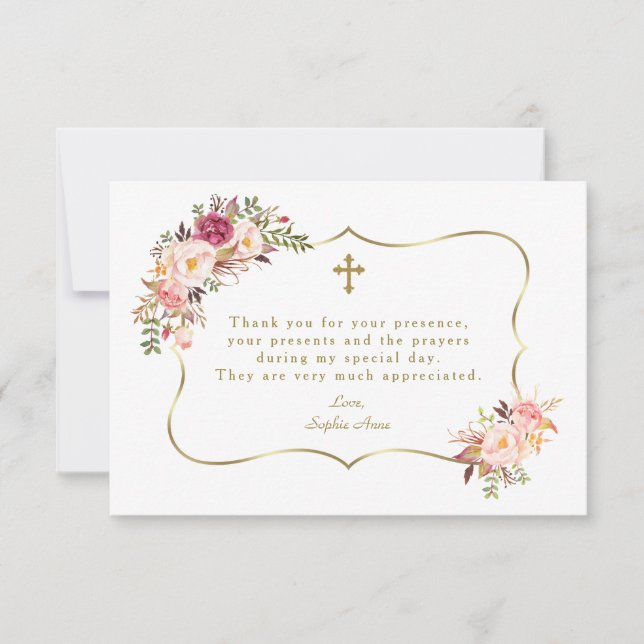 Pink Blush Floral Gold Frame Cross Baptism Thank You Card (Front)