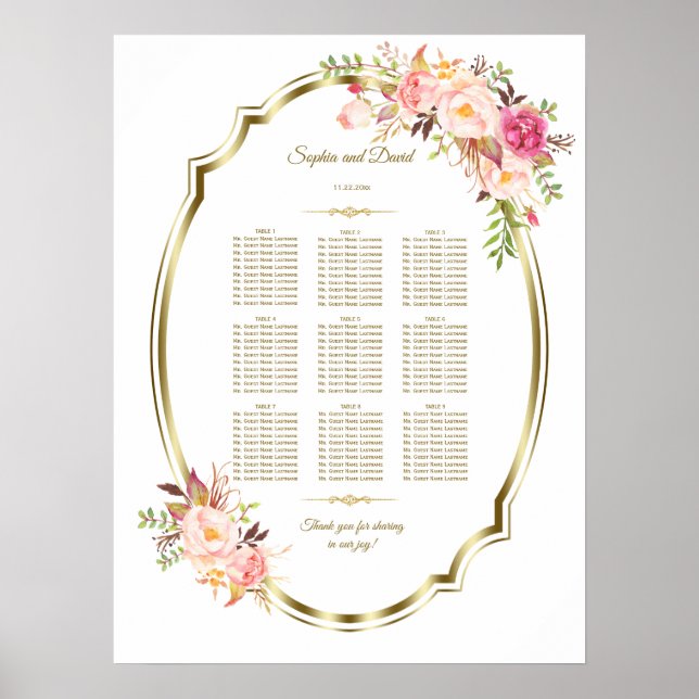 Pink Blush Floral Gold Frame Wedding Seating Chart (Front)
