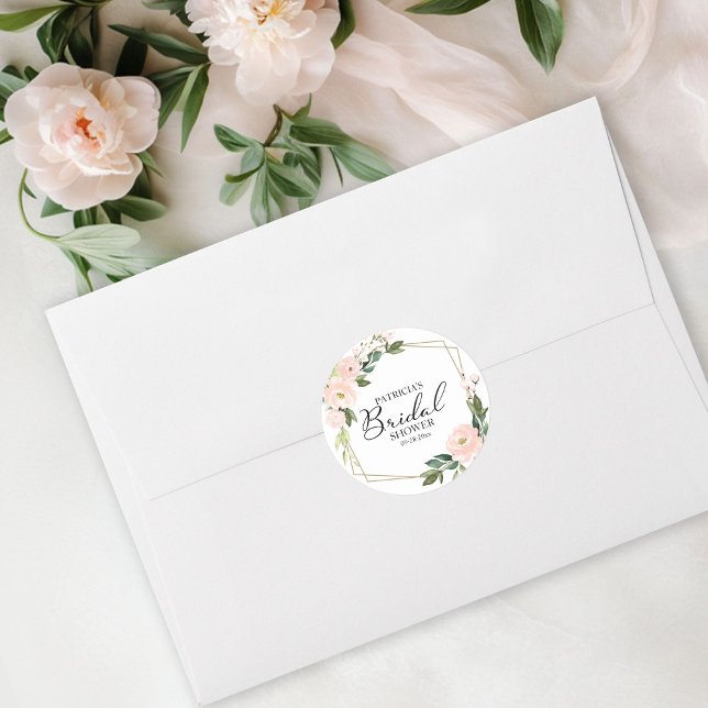 Pink Blush Floral Gold Geometric Bridal Shower Classic Round Sticker (Creator Uploaded)