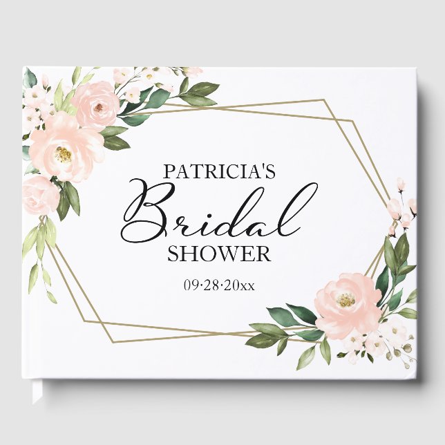 Pink Blush Floral Gold Geometric Bridal Shower Guest Book (Front)