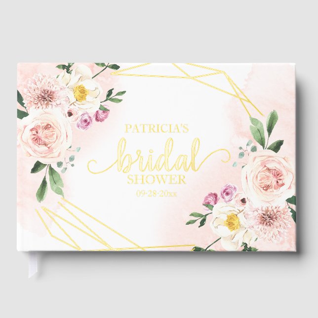 Pink Blush Floral Gold Geometric Bridal Shower  Guest Book (Front)
