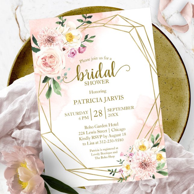 Pink Blush Floral Gold Geometric Bridal Shower Invitation (Creator Uploaded)