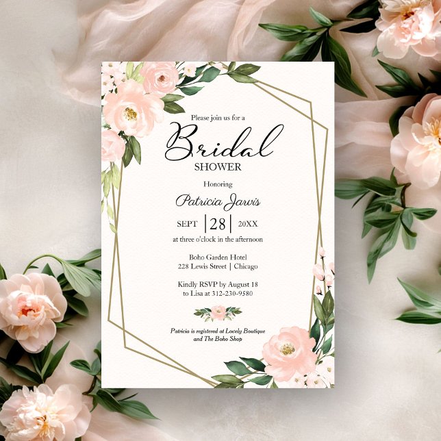 Pink Blush Floral Gold Geometric Bridal Shower Invitation (Creator Uploaded)