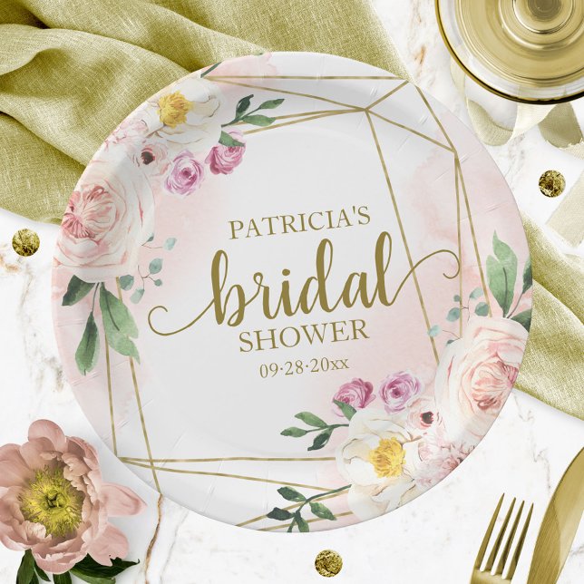 Pink Blush Floral Gold Geometric Bridal Shower Paper Plate (Creator Uploaded)