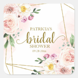 Pink Blush Floral Gold Geometric Bridal Shower Square Sticker