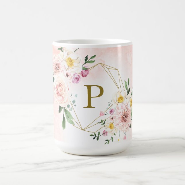 Pink Blush Floral Gold Geometric Monogram Coffee Mug (Center)