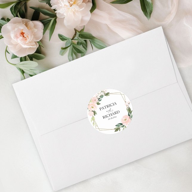 Pink Blush Floral Gold Geometric Wedding Classic Round Sticker (Creator Uploaded)