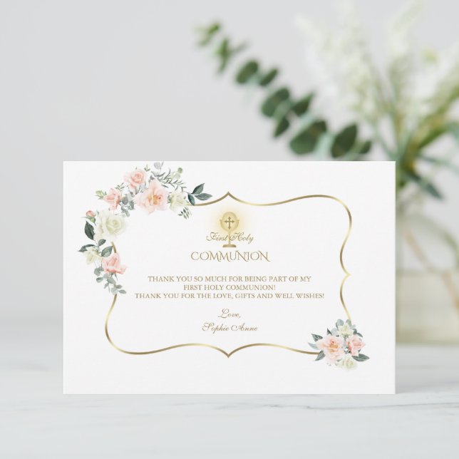 Pink Blush Floral Gold Girl First Holy Communion   Thank You Card (Standing Front)