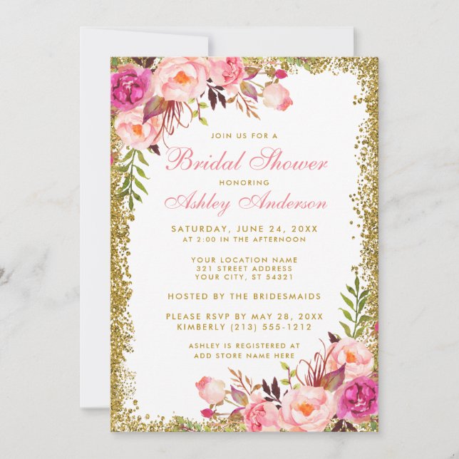 Pink Blush Floral Gold Glitter Bridal Shower Invitation (Front)