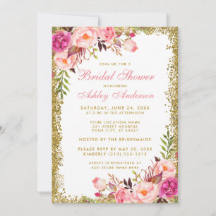 Pink Blush Floral Gold Glitter Bridal Shower Invitation