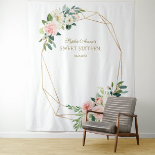 Pink Blush Floral Gold Sweet 16 Photo Booth Prop Tapestry