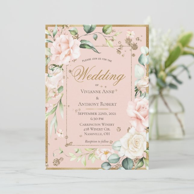 Pink Blush Floral Gold Watercolor Romantic Wedding Invitation (Standing Front)