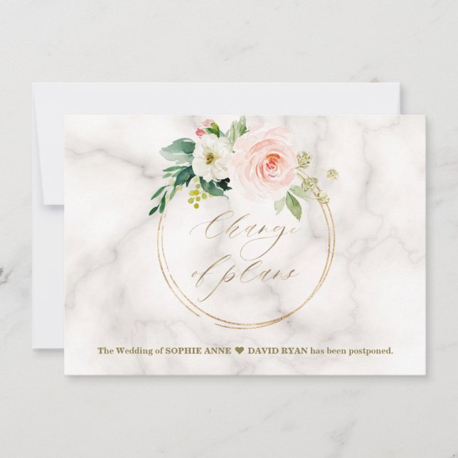 Pink Blush Floral Gold Wedding Change Of Plans Save The Date (Front)