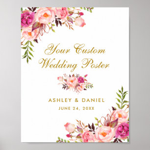 Pink Blush Floral Gold Wedding Custom Poster
