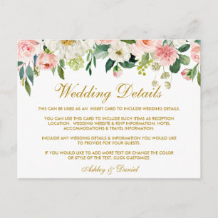 Pink Blush Floral Gold Wedding Details Insert Card