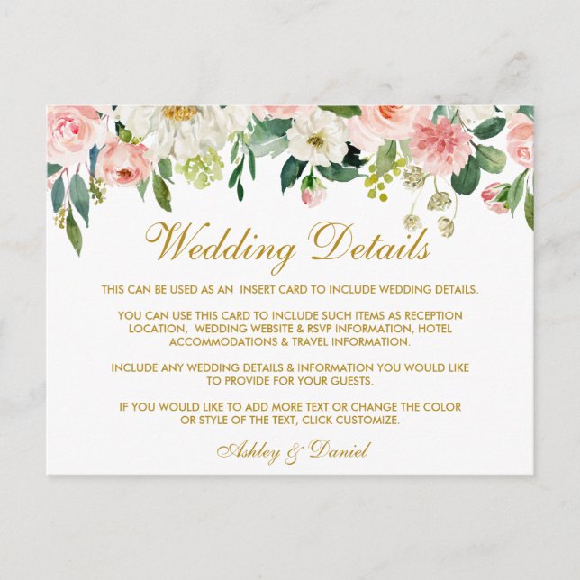 Pink Blush Floral Gold Wedding Details Insert Card (Front)