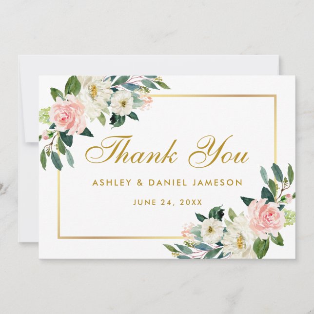 Pink Blush Floral Gold Wedding Thank You Card (Front)