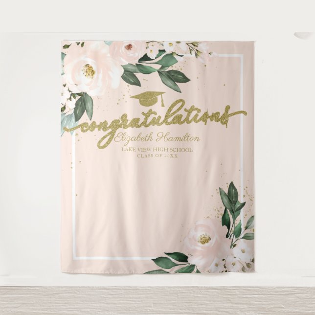 Pink Blush Floral Graduation Party Photo Backdrop Tapestry (Front)