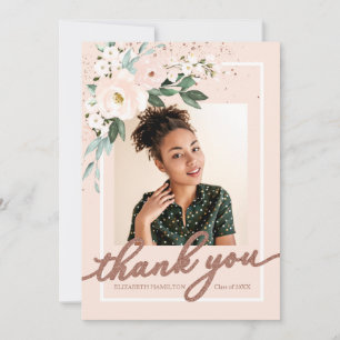 Pink Blush Floral Graduation Photo Thank You Card