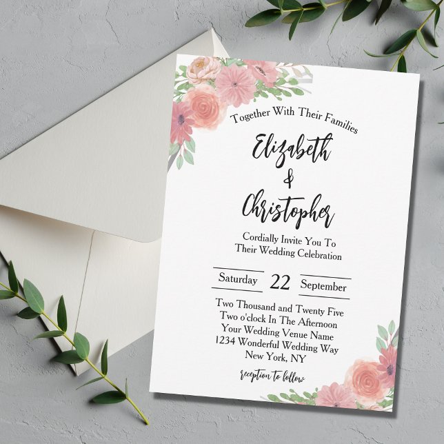 Pink Blush Floral Greenery Elegant Modern Wedding Invitation (Creator Uploaded)