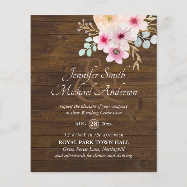 Pink Blush Floral Greenery Wedding Invites BUDGET (Front)