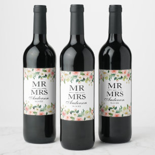 Pink Blush Floral Greenery Wedding Mr. and Mrs. Wine Label