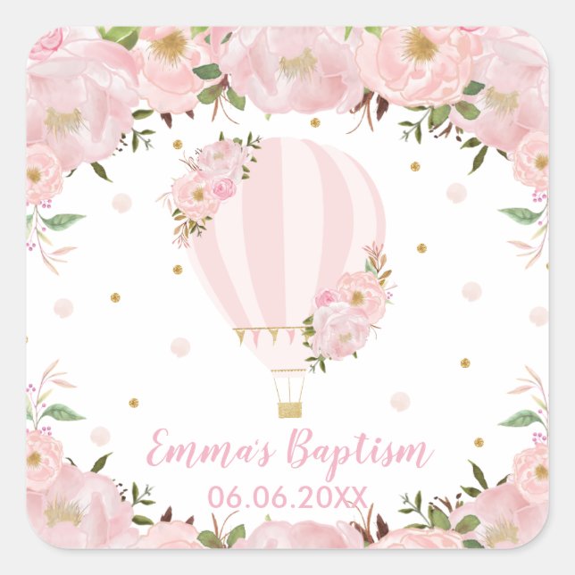 Pink Blush Floral Hot Air Balloon Baptism Favour Square Sticker (Front)