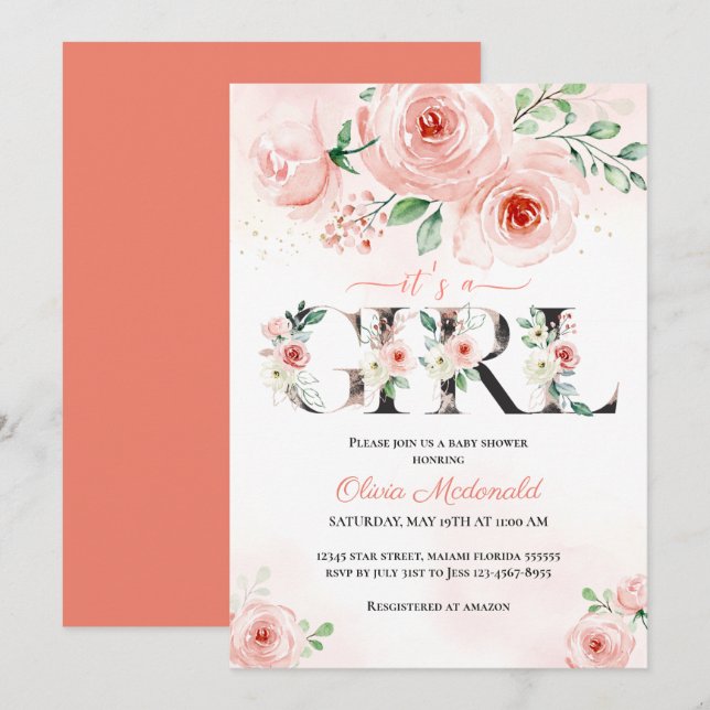 Pink Blush Floral It's a Girl Baby Shower Invitation (Front/Back)