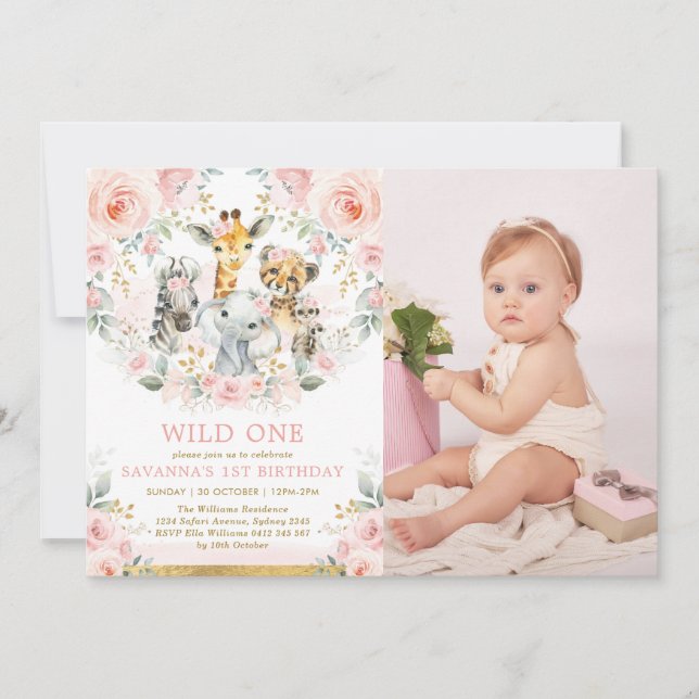 Pink Blush Floral Jungle Animals Wild One Birthday Invitation (Front)