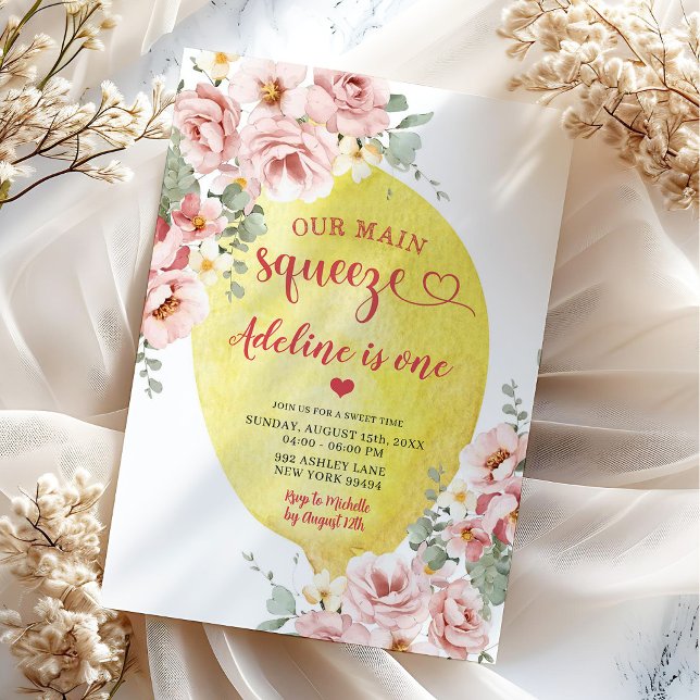 Pink Blush Floral Lemon Main Squeeze 1st Birthday Invitation (Creator Uploaded)