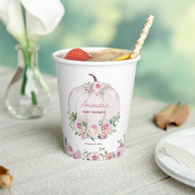Pink Blush Floral Little Pumpkin Baby Shower Paper Cups (Insitu)