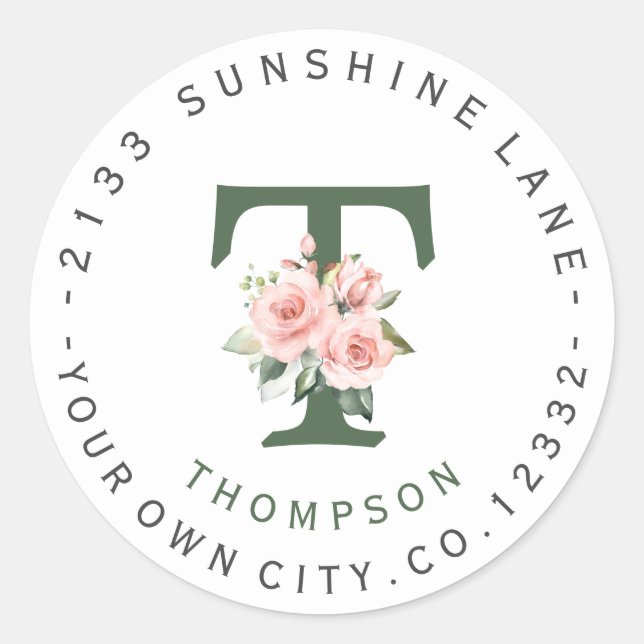 Pink Blush Floral Monogram Circular Address Label (Front)