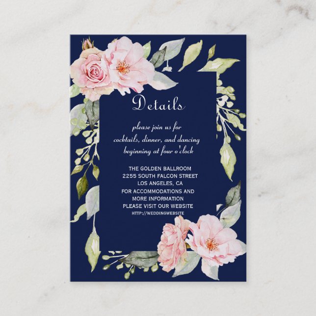 Pink Blush Floral Navy Blue Wedding Details Enclosure Card (Front)