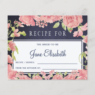 Pink blush floral navy bride to be recipe card