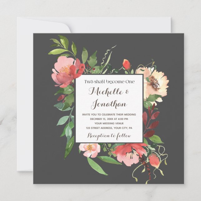 Pink Blush Floral on Dark Grey Christian Wedding Invitation (Front)