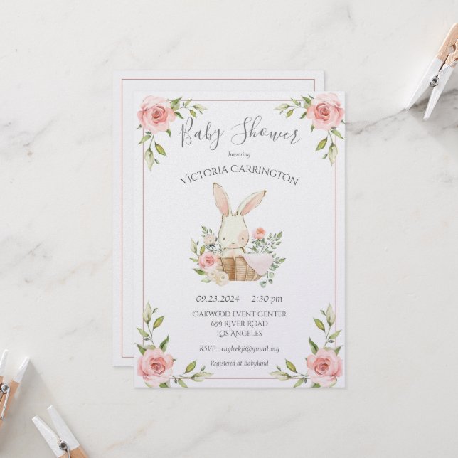 Pink Blush Floral Pearl Shimmer Bunny Baby Shower  Invitation (Front/Back In Situ)
