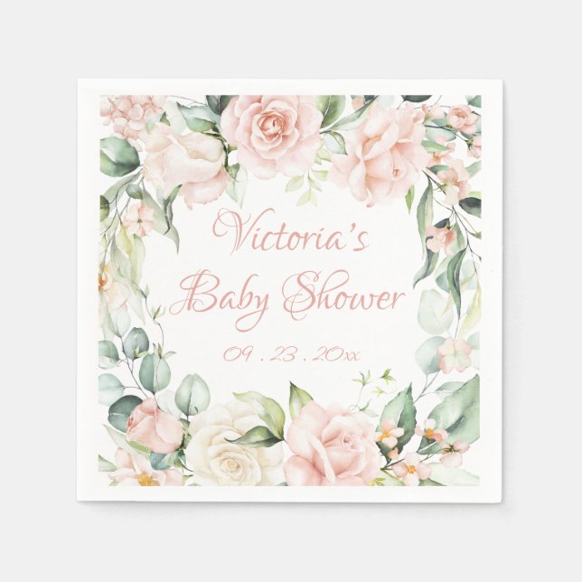 Pink Blush Floral Personalised Baby Shower  Napkin (Front)