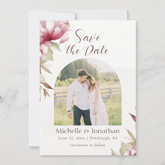 Pink Blush Floral Photograph Bible Verse Wedding Save The Date (Front)