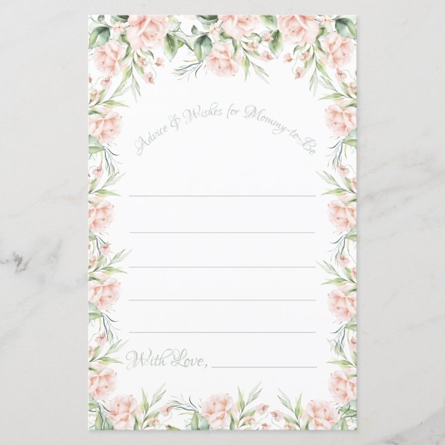Pink Blush Floral Sage Baby Shower Wishes Game (Front)