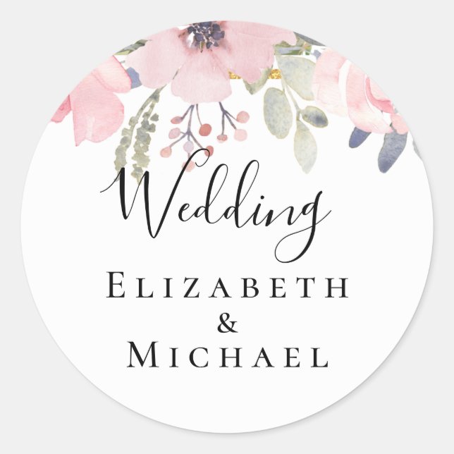 Pink Blush Floral Sage Greenery Wedding Classic Round Sticker (Front)