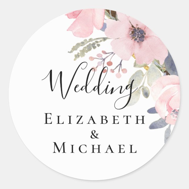 Pink Blush Floral Sage Greenery Wedding Classic Round Sticker (Front)