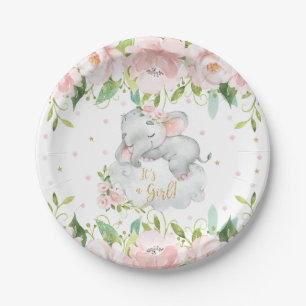 Pink Blush Floral Sleeping Elephant Baby Shower Paper Plate