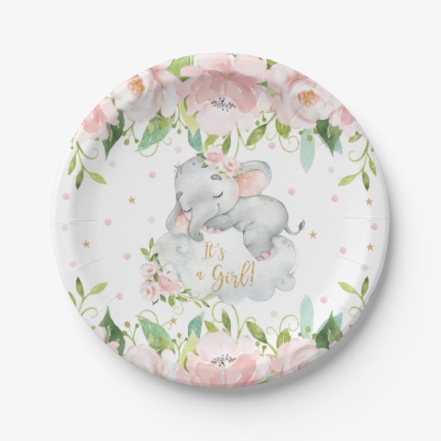 Pink Blush Floral Sleeping Elephant Baby Shower Paper Plate (Front)