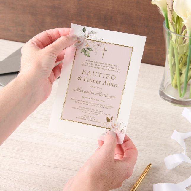 Pink Blush Floral Spanish 1st Birthday Baptism Vellum Invitations (Handheld)