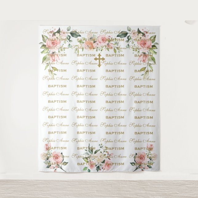 Pink Blush Floral Step & Repeat Baptism Photo Prop Tapestry (Front)