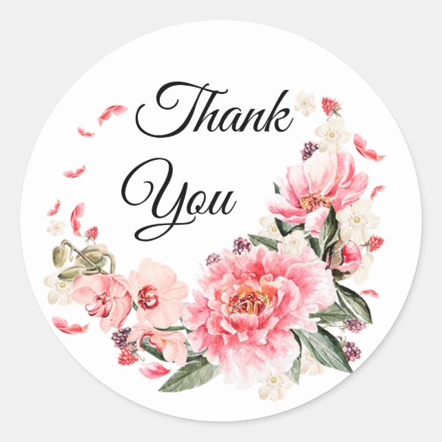 Pink Blush Floral Thank You Classic Round Sticker (Front)