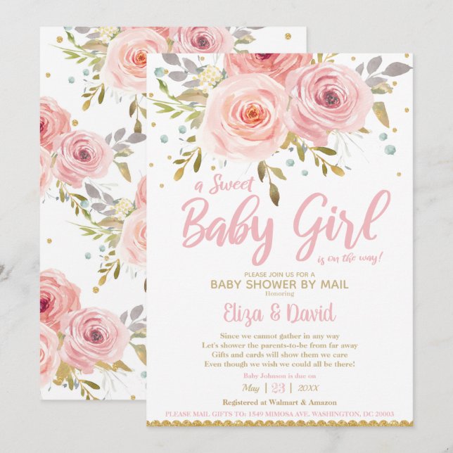 Pink Blush Floral Virtual Baby Shower by Mail Girl Invitation (Front/Back)