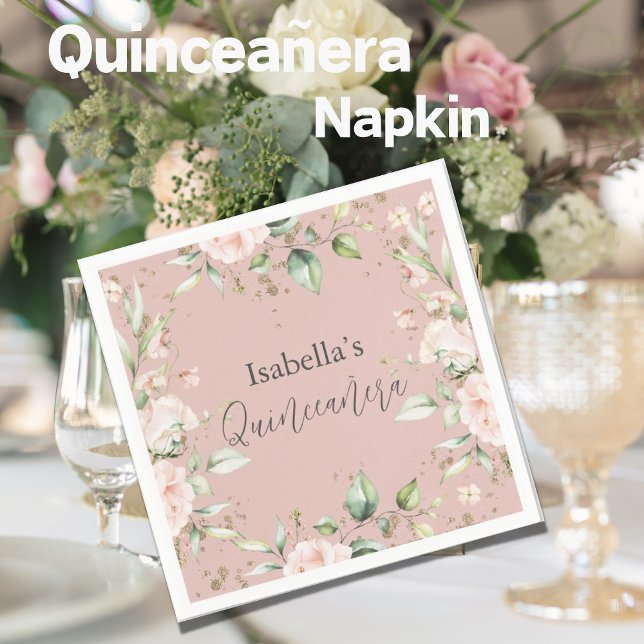 Pink Blush Floral Watercolor Quinceañera Paper Napkin (Creator Uploaded)