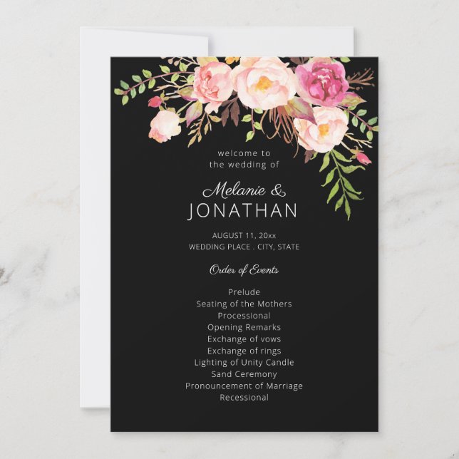 Pink Blush Floral Wedding Ceremony Program Black Invitation (Front)